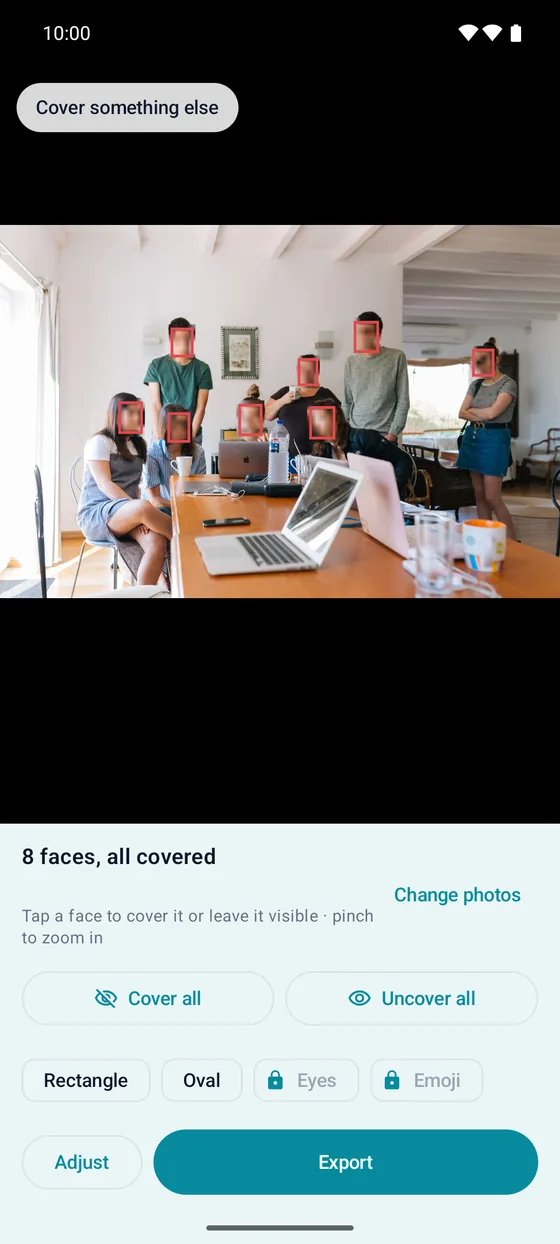 Blurwise for Android — review screen with eight faces covered in a group photo