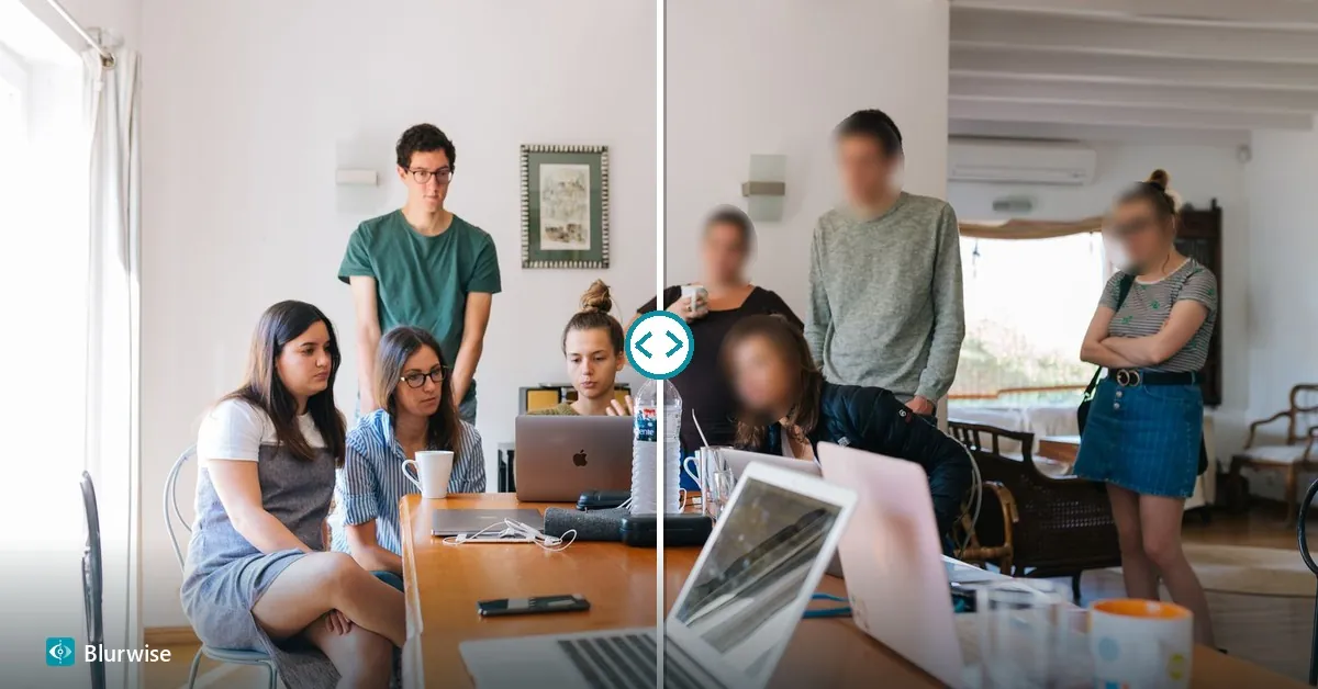 Before and after — a group of people with every face automatically blurred