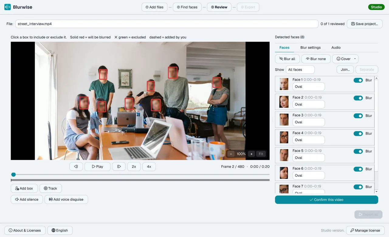Blurwise review screen with faces automatically detected and blurred