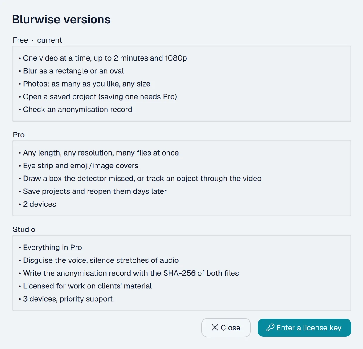 Blurwise versions comparison dialog