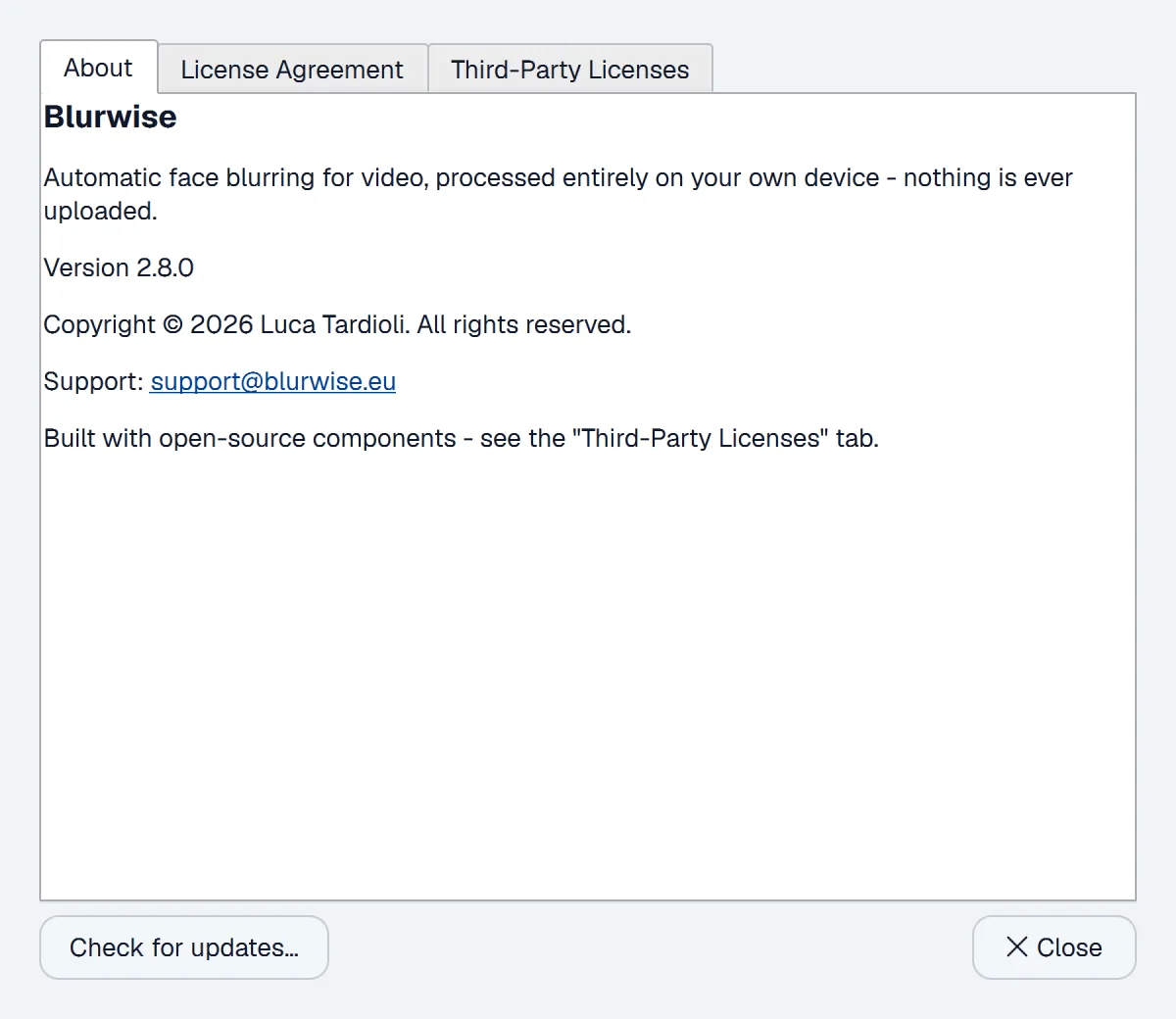 Blurwise About window with the Check for updates button