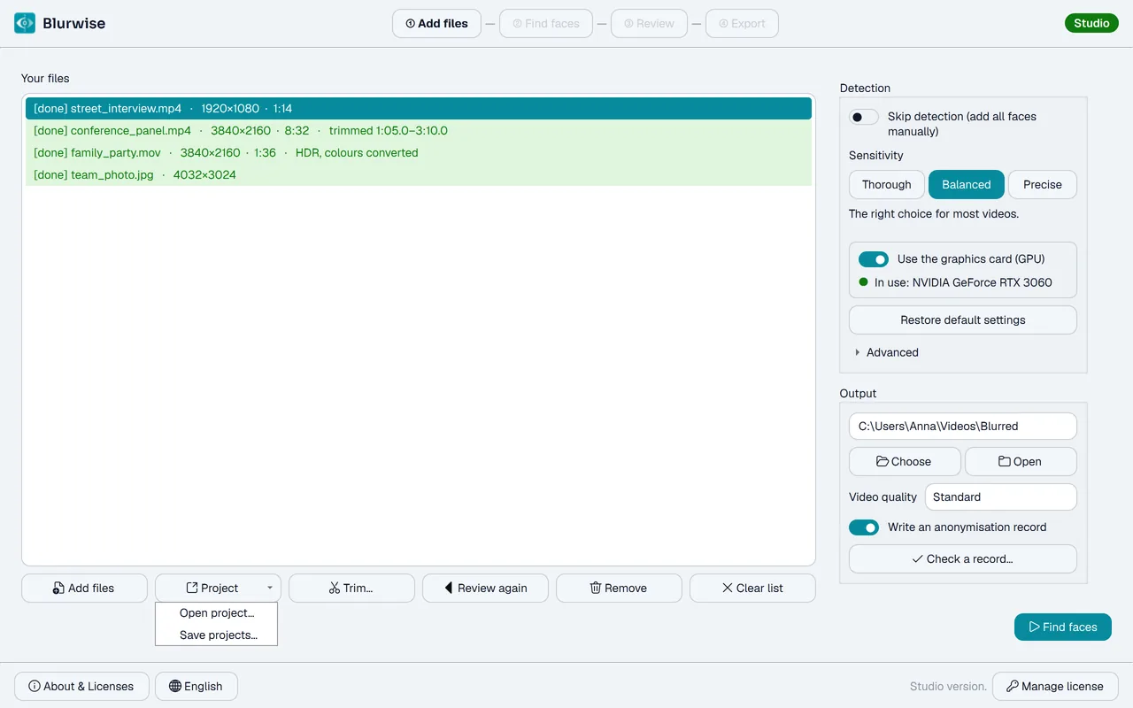 Blurwise first page with the Project menu open: Open project and Save projects